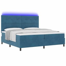 vidaXL LED Box Spring Bed Donkerblauw 200 x 200 cm Fluweel