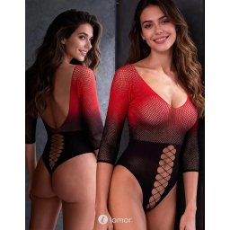 * PASSION Mesh bodysuit zwart rood, BS118