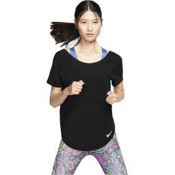 Nike - Maat L Top Ss Twist Dames Sportshirt - Zwart/Zilver