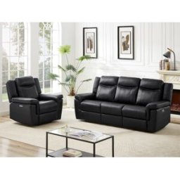 Vente-unique Elektrische driezits relaxbank en -fauteuil van leer KENNETH - Zwart