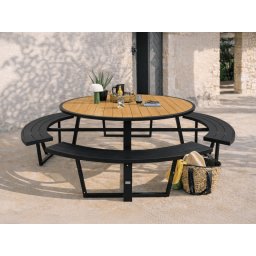 Ronde picknicktafel PERUGIA 8 plaatsen aluminium zwart/wood effect