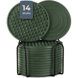 Siliconen Onderzetters – Onderzetters voor Glazen – Design Onderzetters met Houder – Onderzettersset – Anti Slip - Set van 14 – Groen
