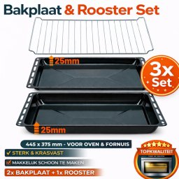 Oven Bakplaat Set - 3 Stuks - 2x Bakplaat en Rooster voor oven- 445x375x25 en 445x375 mm - Geëmailleerd