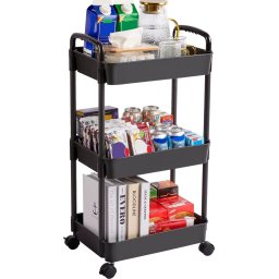 Keukentrolley op wieltjes – Serveerwagen / Opbergtrolley / Keukenrek / Trolley Keuken – Verrijdbaar en Vast – 3 Lagen – Kunststof – Zwart