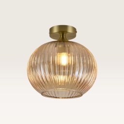 Plafondlamp Globo ambra - Lamp voor binnen, gemaakt van geribbeld amberkleurig glas en goud metaal - Zonder lichtbron