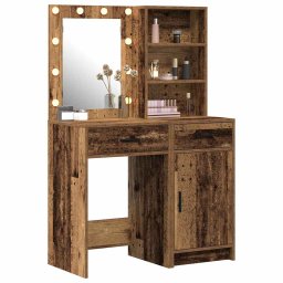 vidaXL Make-up tafel set met LED 2 st Oudhout Bewerkt hout