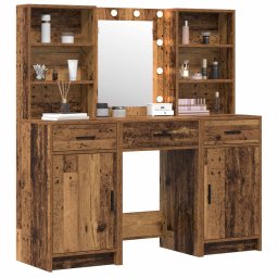 vidaXL Make-up tafel set met LED met lade 3 pcs Oudhout Bewerkt hout