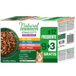 Mixpakket 4 soorten Natural Trainer Straccetti Adult Sterilised reepjes in saus nat kattenvoer
