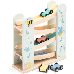 Woet® Houten Autobaan – Jodelbaan met 4 auto's – FSC Gecertificeerd Educatief Speelgoed – Houten Speelgoed Rollerbaan – Peuterspeelgoed Vanaf 18 Maanden