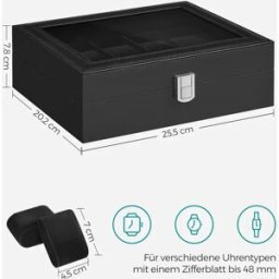 SONGMICS horloges Doos 10-compartimenten horloges Doos Glazen deksel horloges Kast Afneembare horloges Kussen Metalen sluiting Black