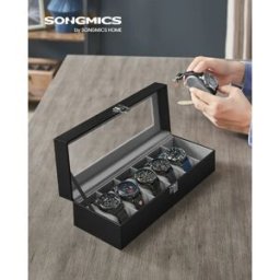 Songmics 6 Horloges Horloges Doos Met Glazen Deksel Fluwelen Horloges Kussen Horloges Case Met Slot 11.2X30X8 Cm zwart
