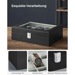 Songmics Horloges Box 10 Compartimenten Horloges Doos Met Glazen Deksel Fluwelen Voering Black