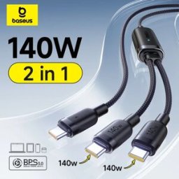 Baseus 140W kabel 2-in-1 snellaaddatakabel PD3.1 QC PPS USB C naar dubbele Type-C-draad voor laptop tablet Samsung iPhone 17 16 140W Black