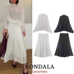 KONDALA Vintage Polka Dot Vrouwen Sets Chiffon Strikje Losse Blouses Losse Lange Rokken Mode 2026 Lente Zomer Vakantie Pakken Black Suit L