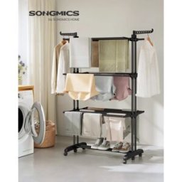 SONGMICS wasdroger, standaarddroger 4 niveaus, vleugelwasdroger, opvouwbare vleugels, met rollen, 63,5x125,5x173 cm, groot Ink Black