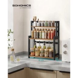 SONGMICS Kruidenrek met 3 niveaus Keukenplank opbergplank voor werkplaat Bamboe Rek keuken Eetkamer kantoor Ebony Black