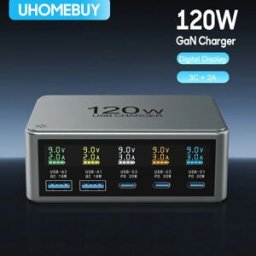 UHOMEBUY 120W Desktop Snellaadstation PD 30W USB Type C 5-poorts digitaal display GaN-oplader voor iPhone Samsung Xiaomi telefoontablets
