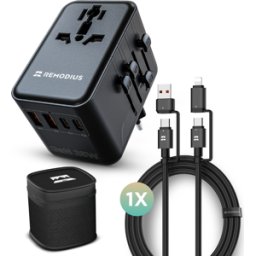 Wereldstekker - Universele Reisstekker voor 220+ landen - Inclusief 1x UniCharge Oplaadkabel - USB-C / USB-A naar USB-C - Remodius®