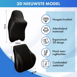 1 set Ergonomisch Rugkussen en Hoofdkussen - Zitkussen en Nekkussen - Auto - Bed - Bank - Bureau - Rugsteun Onderrug - Voorkomt rugpijn en nekpijn - Wasbare Hoezen - Zwart