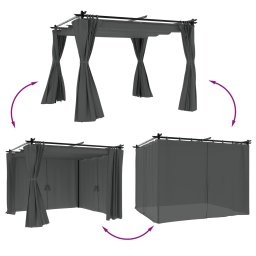 vidaXL Prieel met gordijnen 3x3 m staal antracietkleurig