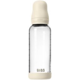 BIBS Baby Glass Bottle Silicone oorbellen met siliconen drinktuit Ivory 240 ml