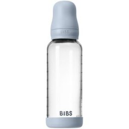 BIBS Baby Glass Bottle Silicone oorbellen met siliconen drinktuit Baby Blue 240 ml