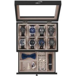 Songmics Horloges Doos 8/12 Compartimenten Massief Houten Doos Glazen Deksel Bruin