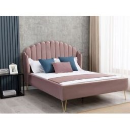 Vente-unique Bed met glooiend hoofdeinde - 140 x 190 cm - Fluweel - Oud roze - SAGALI