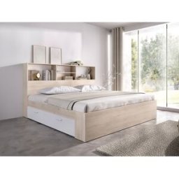 Vente-unique Bed met opbergruimte - 140 x 190 cm - Kleur: houtlook en wit + bedbodem + matras - VARDIEL