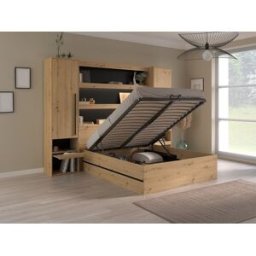 Vente-unique Bed met opbergruimte en brug 140 x 190 cm - Kleur: houtlook en zwart - LUDARO