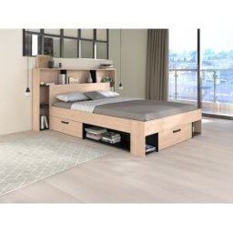 Vente-unique Bed 140 x 190/200 cm met hoofdbord met opbergruimte - Kleur: naturel en zwart + bedbodem - KINSELIA