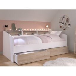 Vente-unique Bed 90 x 190/200 cm met opbergruimte - Wit en naturel - PAULETTE
