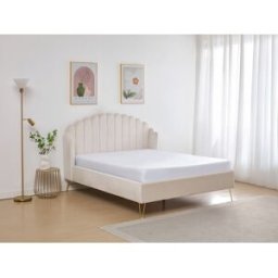 Vente-unique Bed van 140 x 190 cm met golvend hoofdbord - Fluweel - Beige + Matras - SAGALI