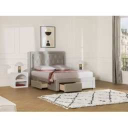 Vente-unique Bed met lades 140 x 190 cm - beige velours + matras - LEOPOLD