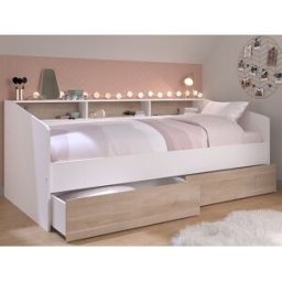 Vente-unique Bed 90 x 200 cm met opbergruimte - Wit en natuurlijk + Lattenbodem + Matras - PAULETTE