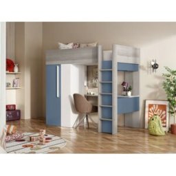 Vente-unique Mezzanine bed 90 x 200 cm met kleerkast en bureau - Blauw en wit + matras - NICOLAS