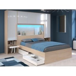 Vente-unique Bed met bedbrug 140 x 190 cm met opbergruimte - Met ledverlichting - Kleur: naturel en glanzend wit + bedbodem + matras - VELONA