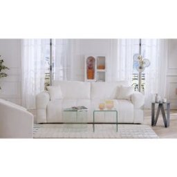 Vente-unique Express-driezitsslaapbank van beige boucléstof - Bed 140 cm - Matras 16 cm ISSORO