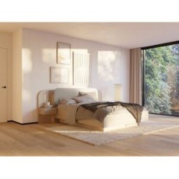 Vente-unique Bed met nachtkastjes 160 x 200 cm - Met LED's - Kleur: Beige en naturel + Lattenbodem + Matras - LYORIMA
