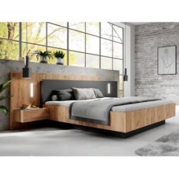 Vente-unique Bed met nachtkastjes 160 x 200 cm - 2 lades - Met ledverlichting - Kleur: naturel en antraciet + bedbodem + matras - FRANCOLI
