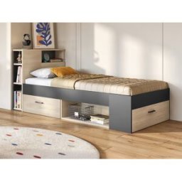 Vente-unique Bed met hoofdeinde, opbergruimte en lades - 90 x 190 cm - Eiken en naturel + Bedbodem en matras - LEANDRE