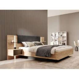 Vente-unique Bed met nachtkastjes 160 x 200 cm - Met ledverlichting - Kleur: naturel en antraciet + bedbodem + matras - ELYNIA