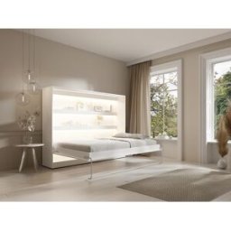 Vente-unique Opklapbaar bed 140 x 200 cm - Verticale handmatige opening - Met ledverlichting - Wit + matras - RAPILI