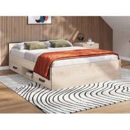 Vente-unique Bed met opbergruimte 140 x 190 cm - 2 lades en 1 opbergvak - Kleur: houtlook + onderbed + matras - PABLO