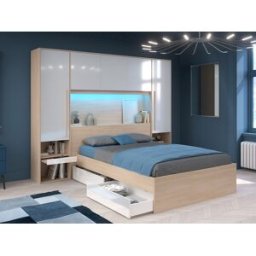 Vente-unique Bed met bedbrug 140 x 190 cm met opbergruimte - Met ledverlichting - Kleur: naturel en glanzend wit - VELONA