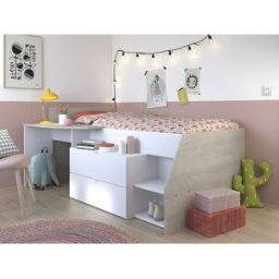 Vente-unique Bed met bureau en opbergruimte - 90 x 200 cm - Wit en naturel + Bedbodem - GISELE