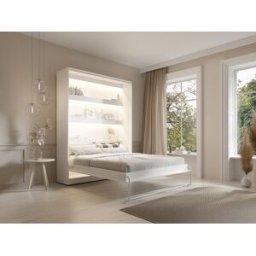 Vente-unique Opklapbaar bed 160 x 200 cm - Verticale handmatige opening - Met ledverlichting - Wit + matras - RAPILI