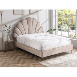 Vente-unique Bed met hoofdeinde in schelpvorm - 160 x 200 cm - Velours - Beige - LIVAYA
