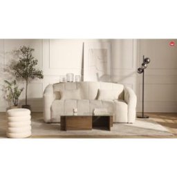 Vente-unique Vierzitsslaapbank van beige boucléstof - Bed 160 cm - Matras 13 cm RETUNA II