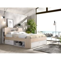 Vente-unique Bed met hoofdeinde met opbergruimte en lades - 140 x 190 cm - Kleur: naturel en wit + bedbodem - LEANDRE